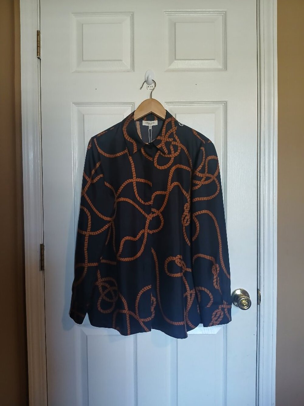 Lafayette 148 New York Ruxton 8-Knot Print Silk Nautical Blouse Women Blue Sz M